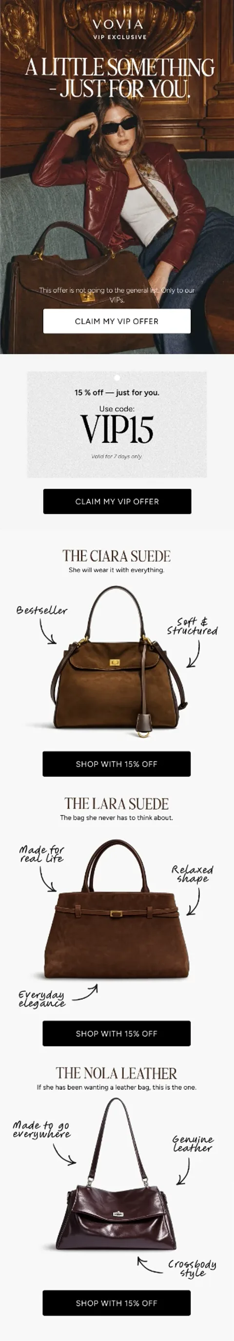 VOVIA — VIP exclusive 15% off campaign email